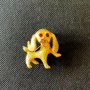 Vintage Gold Tone Simulated Ruby Eyed Puppy Brooche